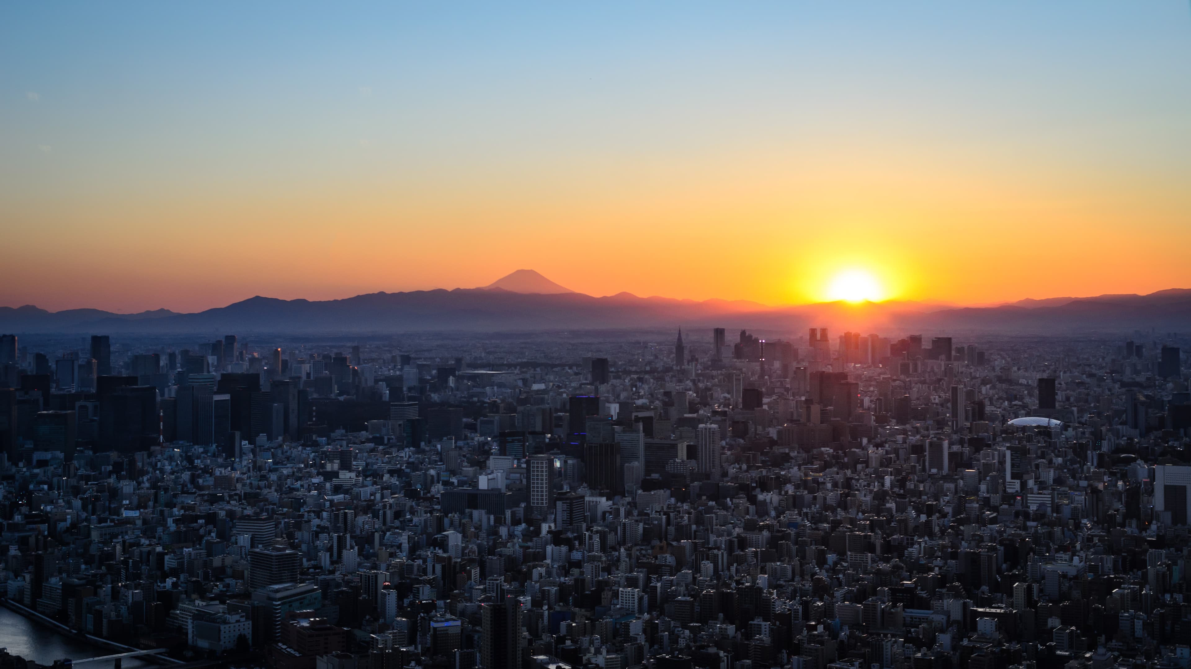 View of tokyo from above. Mt. Fuji is visible on the horizon.